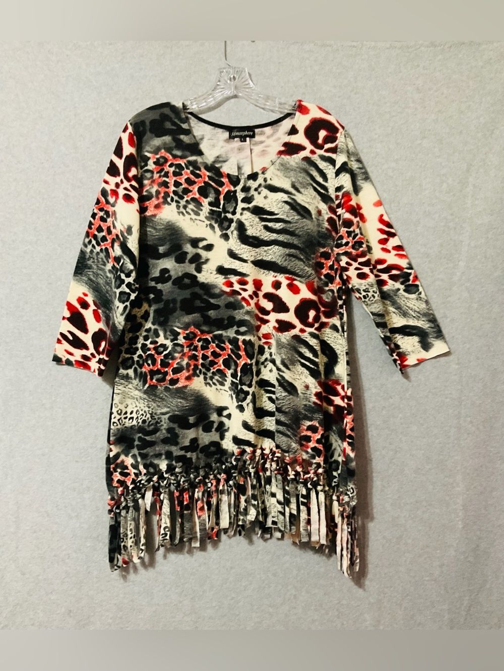 Atmosphere Cream Black Red Animal-Print Fringe 3/4 Sleeve mini Dress SZ L
